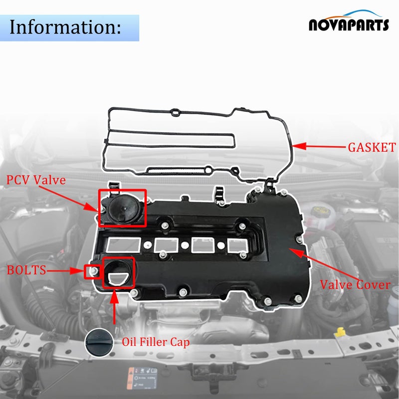 NOVAPARTS Engine Valve Cover with Gaskets & Bolts & Oil Filler Cap Set for 2011-2021 Chevrolet Chevy Cruze Sonic Volt Trax Buick Encore Cadillac ELR 1.4L 264-968 25203036 25198874 55573746 25198498 - Image 4